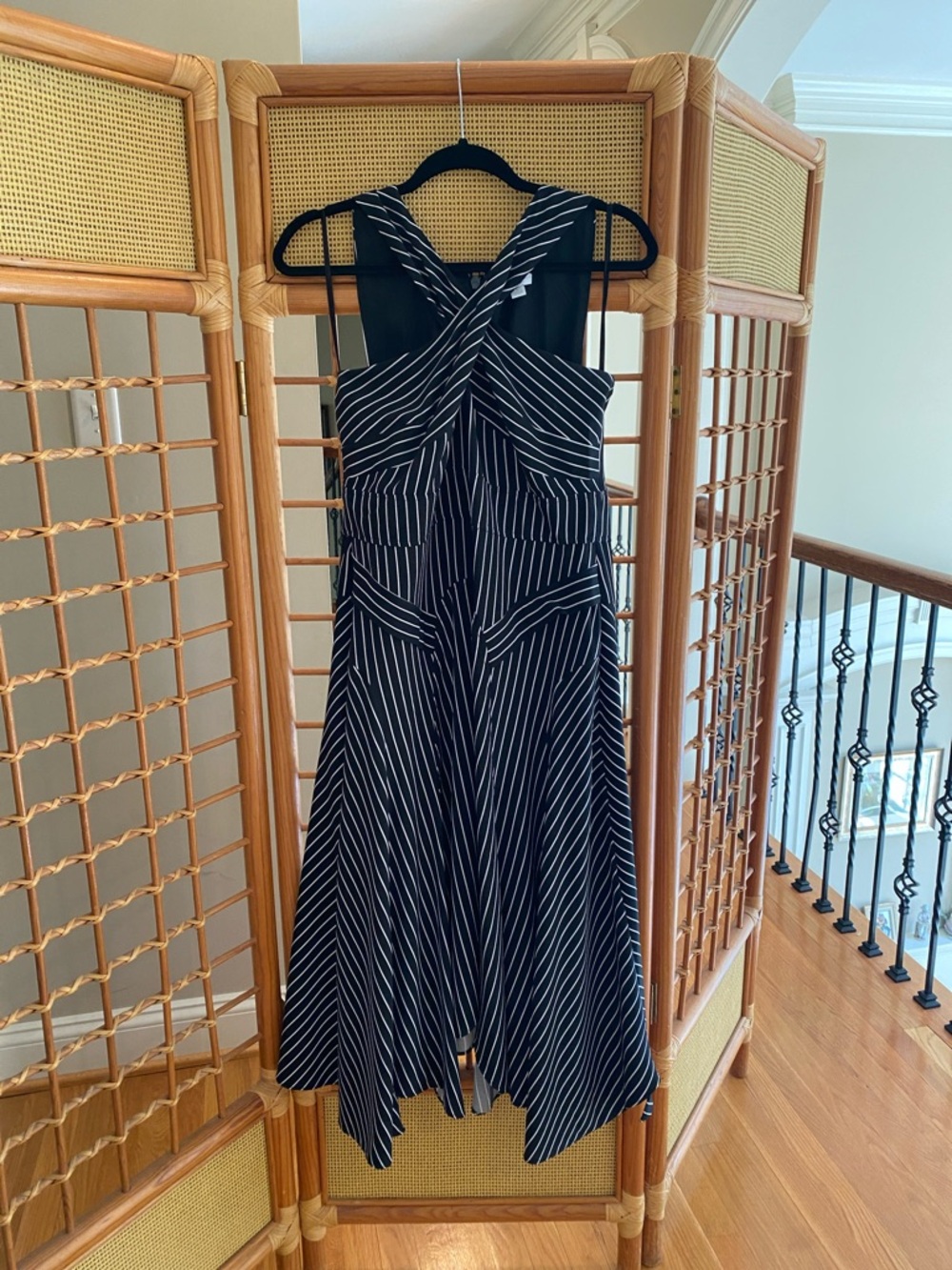 New York & Company Black  & White Striped Asymmetrical Handkerchief Dress
